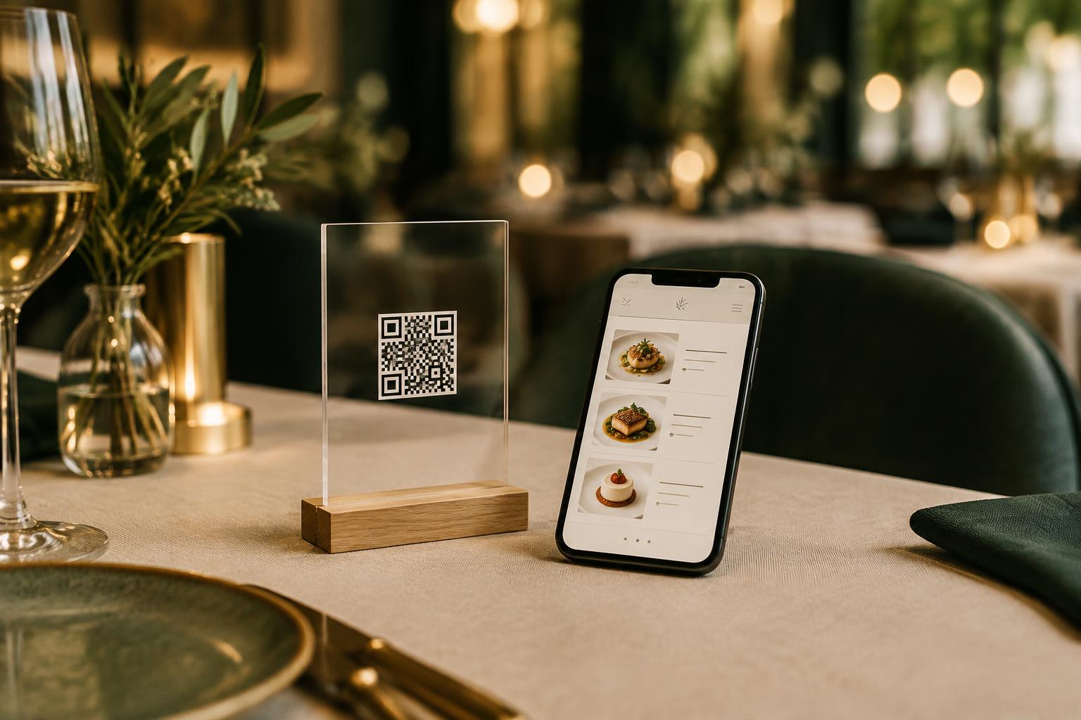 Mesa de restaurante elegante con un soporte QR de acrílico y madera y un teléfono mostrando la carta digital